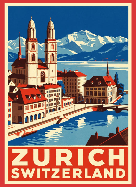 Zurich with Mountains - Postcard with Peel-Off Luggage Sticker