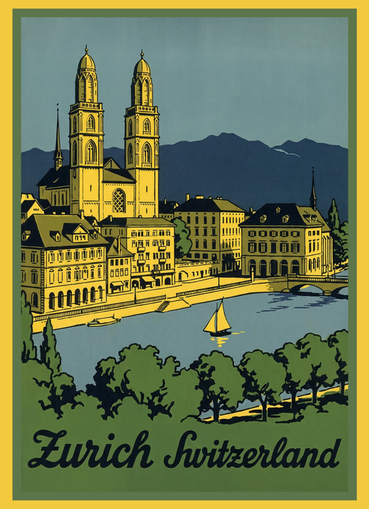 Grossmünster Zurich City - Postcard with Peel-Off Luggage Sticker